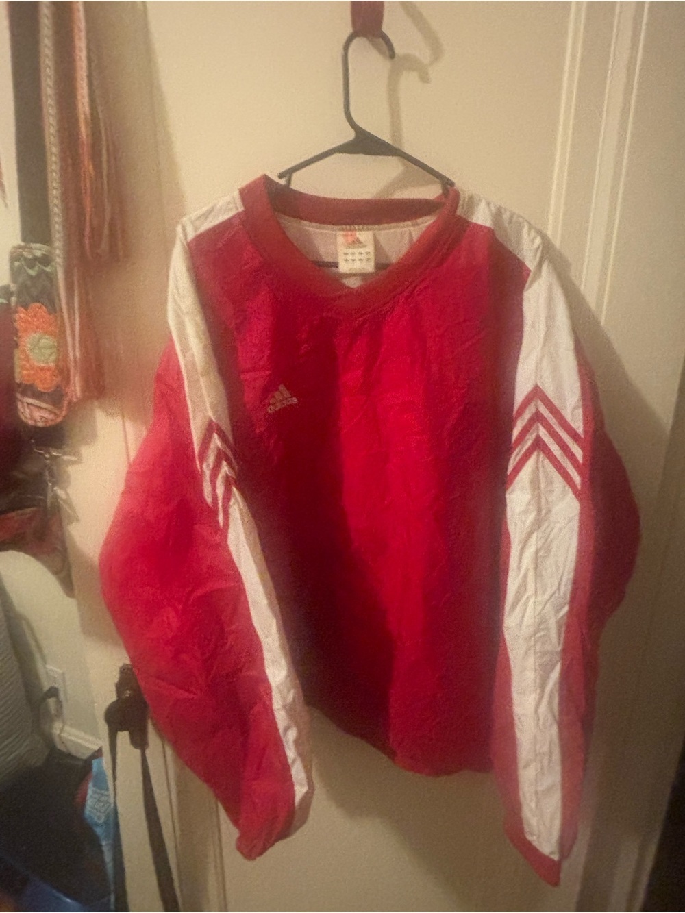 adidas Red Pullover Windbreaker with White Sleeve Panels